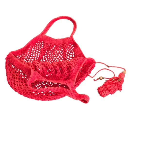 French Inspired Crochet Fishnet Market Bag Red Rouge Tote Shoulder Bag w/Tassel - Picture 11 of 16
